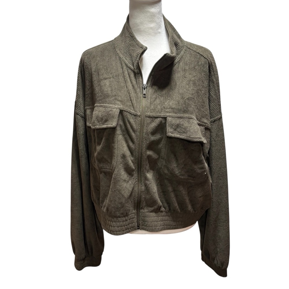 Aerie Olive Green Corduroy Ribbed Full Zip Bomber‎ Jacket XL Utility #732